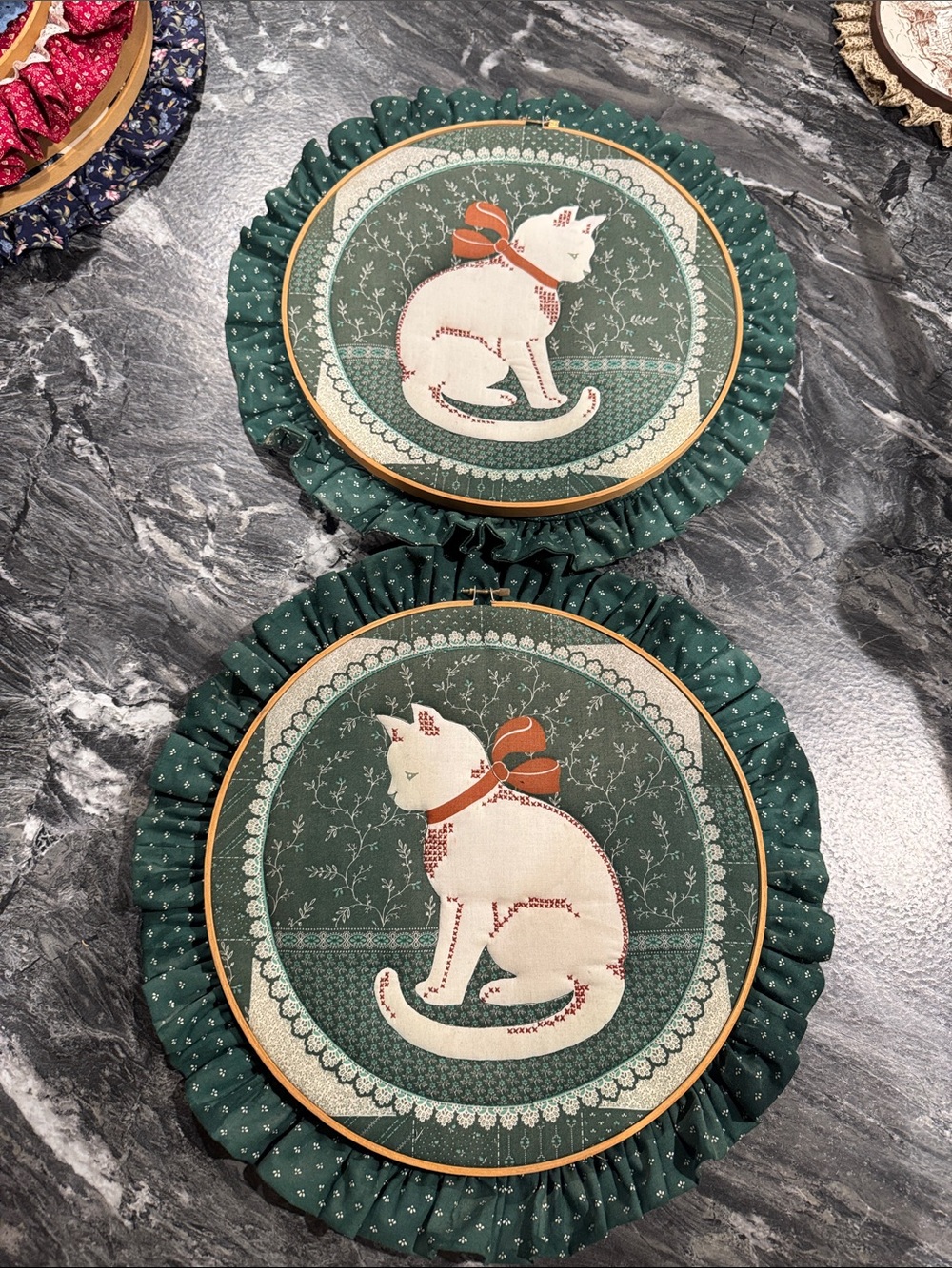 Green Cat Cross stitch Hoop Wall Art – Pair